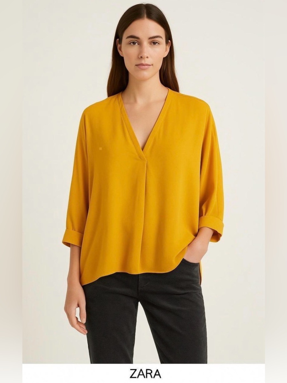 Zara Women's Mustard V-Neck Pleat Front Blouse